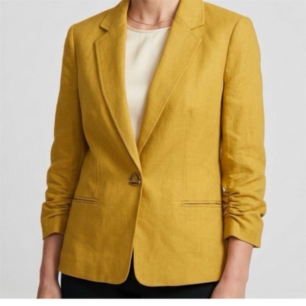 Kasper Ruched-Sleeve Blazer Womens Sz 16 Mustard Yellow Linen Classic Jacket